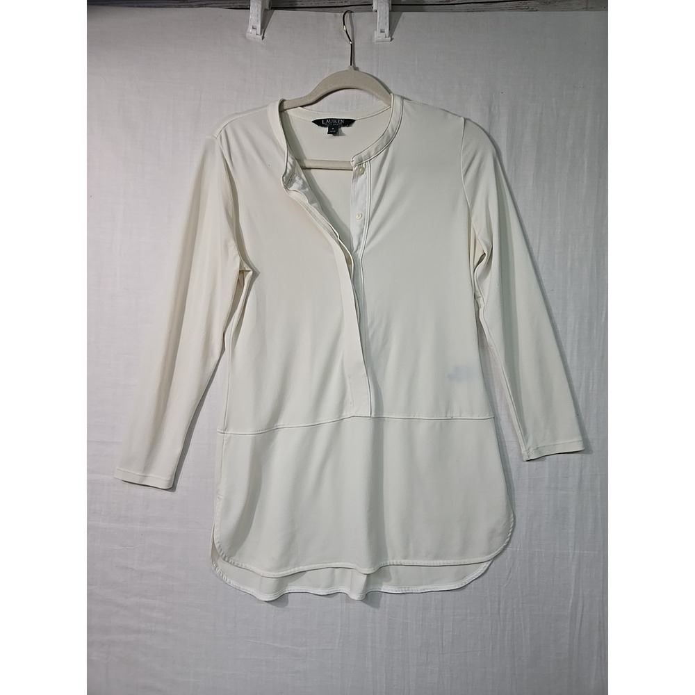 Lauren Ralph Lauren Womens 3/4 Sleeve Off White Tunic Top Small 1/2 Button Up